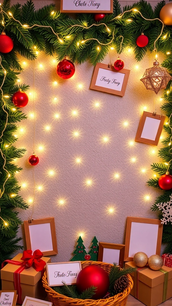 A festive Christmas background with fairy lights, garlands, and ornaments, ideal for holiday events.